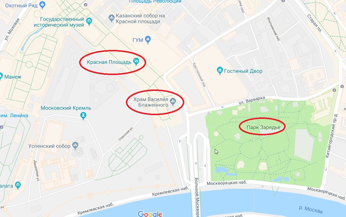 Парк Зарядье на карте Москвы